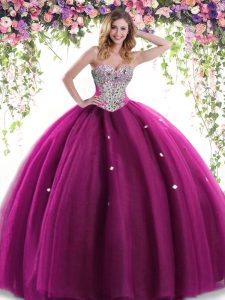 New Style Fuchsia Ball Gowns Tulle Sweetheart Sleeveless Beading Floor Length Lace Up Quinceanera Dress