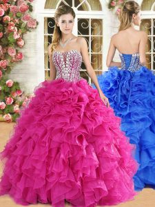 Hot Pink Organza Lace Up Sweet 16 Dresses Sleeveless Floor Length Lace and Ruffles