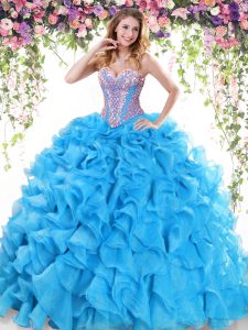 Beading and Ruffles 15 Quinceanera Dress Baby Blue Lace Up Sleeveless Sweep Train