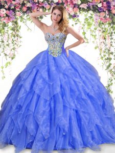 Delicate Blue Sweetheart Lace Up Beading and Ruffles Vestidos de Quinceanera Sleeveless