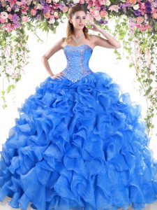 Glamorous Blue Ball Gowns Sweetheart Sleeveless Organza Sweep Train Lace Up Beading and Ruffles Quinceanera Dress