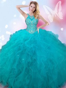 Fabulous Halter Top Sleeveless Tulle 15 Quinceanera Dress Beading Lace Up