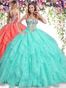 Apple Green Ball Gowns Beading and Ruffles Quince Ball Gowns Lace Up Organza Sleeveless Floor Length