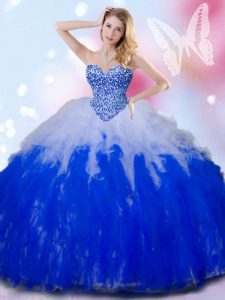 Fancy Blue And White Sweetheart Lace Up Beading and Ruffles Sweet 16 Quinceanera Dress Sleeveless
