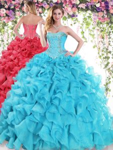 Modern Baby Blue Quinceanera Gown Organza Sweep Train Sleeveless Beading and Ruffles