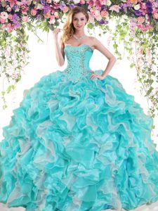 Extravagant Blue And White Sweetheart Lace Up Beading and Ruffles Quinceanera Dress Sleeveless