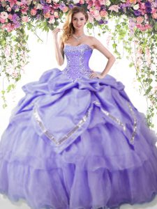 Fancy Floor Length Lavender Sweet 16 Dress Organza and Taffeta Sleeveless Beading and Pick Ups