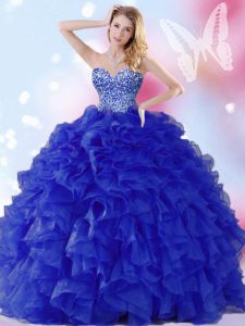 Custom Design Royal Blue Lace Up Quinceanera Gown Beading and Ruffles Sleeveless Floor Length