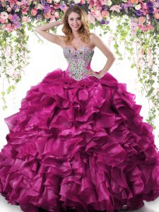 Captivating Fuchsia Lace Up Sweet 16 Dress Beading and Ruffles Sleeveless Floor Length