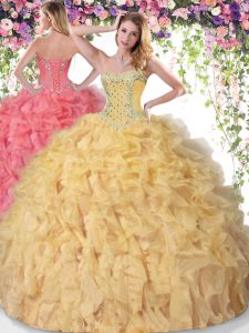 Adorable Gold Ball Gowns Sweetheart Sleeveless Organza Floor Length Lace Up Beading and Ruffles Ball Gown Prom Dress
