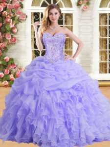 Luxurious Organza Sweetheart Sleeveless Lace Up Beading and Appliques and Ruffles Quince Ball Gowns in Lavender