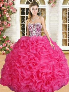 Popular Hot Pink Lace Up Sweetheart Beading and Ruffles Ball Gown Prom Dress Organza Sleeveless