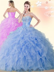 High Quality Blue Ball Gowns Sweetheart Sleeveless Organza Floor Length Lace Up Beading and Ruffles 15th Birthday Dress