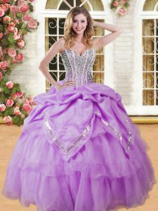 Romantic Lilac Lace Up Sweetheart Beading and Pick Ups Quince Ball Gowns Organza Sleeveless