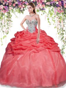 Exceptional Red Organza Lace Up Sweetheart Sleeveless Floor Length Ball Gown Prom Dress Beading and Pick Ups
