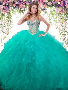 Turquoise Tulle Lace Up Sweetheart Sleeveless Floor Length Vestidos de Quinceanera Beading