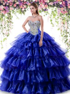 Royal Blue Ball Gowns Sweetheart Sleeveless Organza Floor Length Lace Up Beading and Ruffled Layers Quinceanera Gown