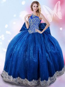 Royal Blue Quince Ball Gowns Military Ball and Sweet 16 and Quinceanera with Beading and Bowknot Halter Top Sleeveless Lace Up