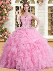 Amazing Floor Length Rose Pink 15 Quinceanera Dress Tulle Sleeveless Appliques and Ruffles and Pick Ups
