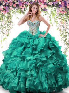 Low Price Turquoise Organza Lace Up Sweetheart Sleeveless Floor Length Sweet 16 Dresses Beading and Ruffles