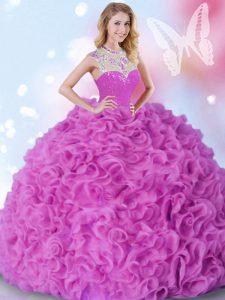 Floor Length Zipper Quinceanera Dresses Fuchsia for Military Ball and Sweet 16 and Quinceanera with Beading and Ruffles