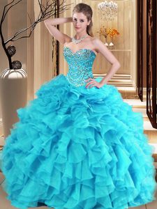 Aqua Blue and Turquoise Sleeveless Floor Length Beading and Ruffles Lace Up Vestidos de Quinceanera