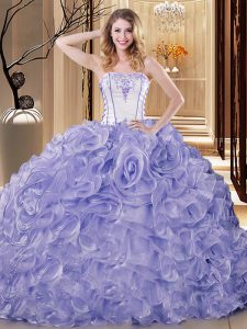 Captivating Lavender Ball Gowns Embroidery and Ruffles Quinceanera Gowns Lace Up Organza Sleeveless Floor Length