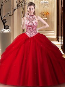 Romantic Red Tulle Lace Up Halter Top Sleeveless With Train Sweet 16 Quinceanera Dress Brush Train Beading and Pick Ups