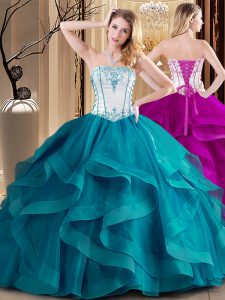 Teal Lace Up Strapless Embroidery Quince Ball Gowns Tulle Sleeveless