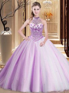 Halter Top Asymmetrical Ball Gowns Sleeveless Lilac Ball Gown Prom Dress Brush Train Lace Up