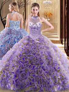 Free and Easy Multi-color Lace Up Halter Top Beading Quinceanera Dresses Fabric With Rolling Flowers Sleeveless Brush Train