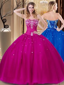 Fantastic Sweetheart Sleeveless Sweet 16 Dresses Floor Length Beading and Embroidery Fuchsia Tulle
