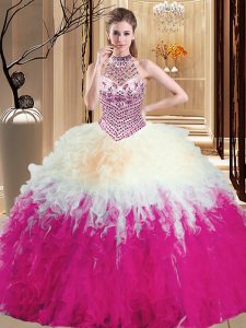 Tulle Halter Top Sleeveless Lace Up Beading and Ruffles Sweet 16 Dresses in Multi-color
