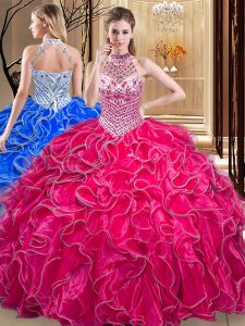 Shining Halter Top Sleeveless Sweet 16 Dresses Floor Length Beading and Ruffles Hot Pink Organza