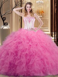 Strapless Sleeveless Tulle Quinceanera Gowns Embroidery Lace Up