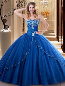 Royal Blue Ball Gowns Embroidery 15 Quinceanera Dress Lace Up Tulle Sleeveless Floor Length