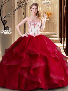 Graceful Sleeveless Tulle Floor Length Lace Up Vestidos de Quinceanera in Wine Red with Embroidery