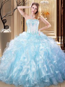 Spectacular Sleeveless Organza Floor Length Lace Up Quinceanera Gown in Light Blue with Embroidery and Ruffles