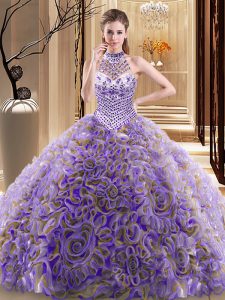 Multi-color Ball Gowns Fabric With Rolling Flowers Halter Top Sleeveless Beading With Train Lace Up Ball Gown Prom Dress Brush Train