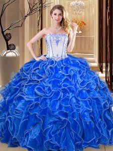 Royal Blue Organza Lace Up Quinceanera Dress Sleeveless Floor Length Embroidery and Ruffles