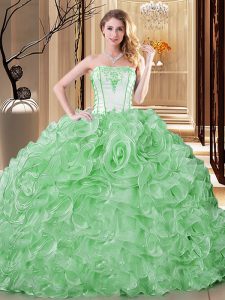 Comfortable Green Sleeveless Floor Length Embroidery and Ruffles Lace Up Quinceanera Dress