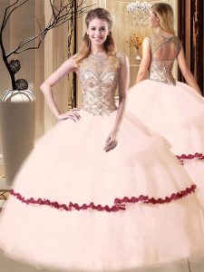 Discount Floor Length Peach Sweet 16 Dresses Scoop Sleeveless Lace Up