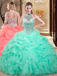 Custom Designed Halter Top Organza Sleeveless Floor Length Ball Gown Prom Dress and Beading and Ruffles and Pick Ups