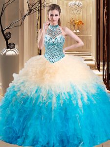 Ball Gowns 15th Birthday Dress Multi-color Halter Top Tulle Sleeveless Floor Length Lace Up