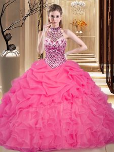 Halter Top Sleeveless Floor Length Beading and Ruffles and Pick Ups Lace Up Quince Ball Gowns with Hot Pink