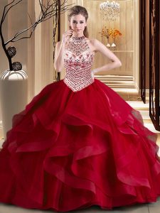 Inexpensive Wine Red Tulle Lace Up Halter Top Sleeveless With Train Vestidos de Quinceanera Brush Train Beading and Ruffles