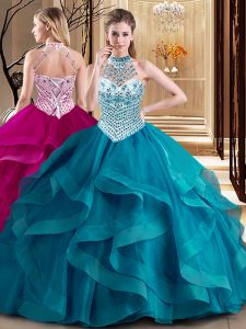 Simple With Train Teal Sweet 16 Quinceanera Dress Halter Top Sleeveless Brush Train Lace Up