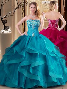 Teal Tulle Lace Up Sweetheart Sleeveless Floor Length 15th Birthday Dress Embroidery and Ruffles