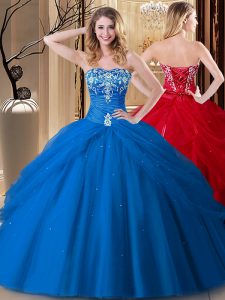 Comfortable Royal Blue Tulle Lace Up Sweetheart Sleeveless Floor Length Quinceanera Gowns Embroidery