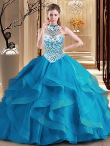 Halter Top Sleeveless Brush Train Lace Up Quince Ball Gowns Blue Tulle